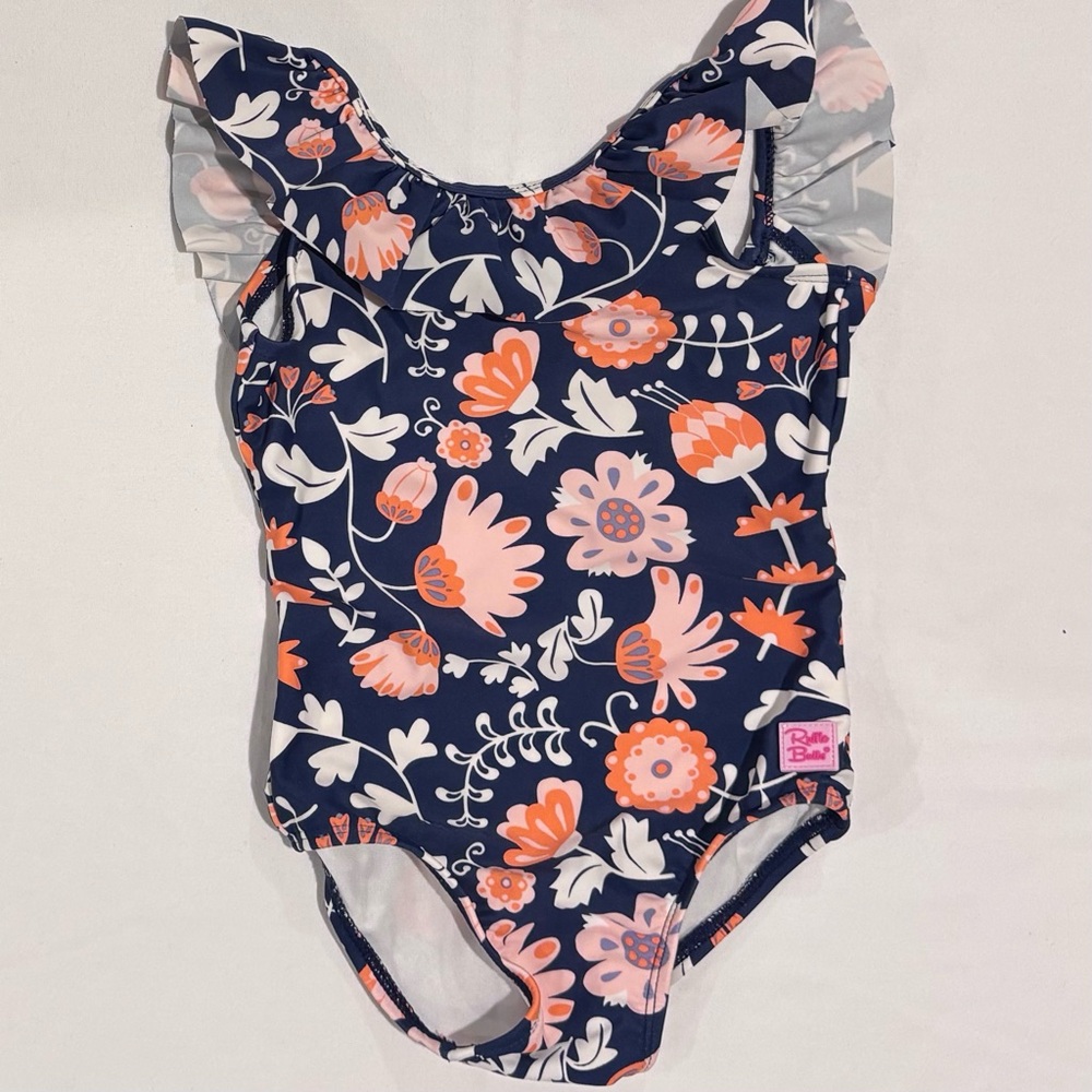 Ruffle Butts Toddler Girls Blue, Pink, & Orange Floral One Piece Swimsuit 2T
